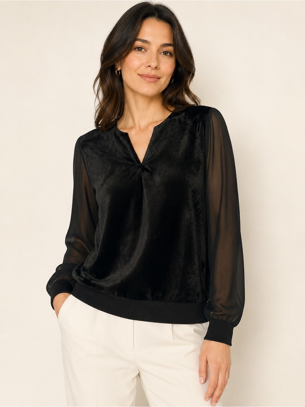 AXARA Paris Black Plush Velvet-Like Sheer Sleeve Top Made in France M